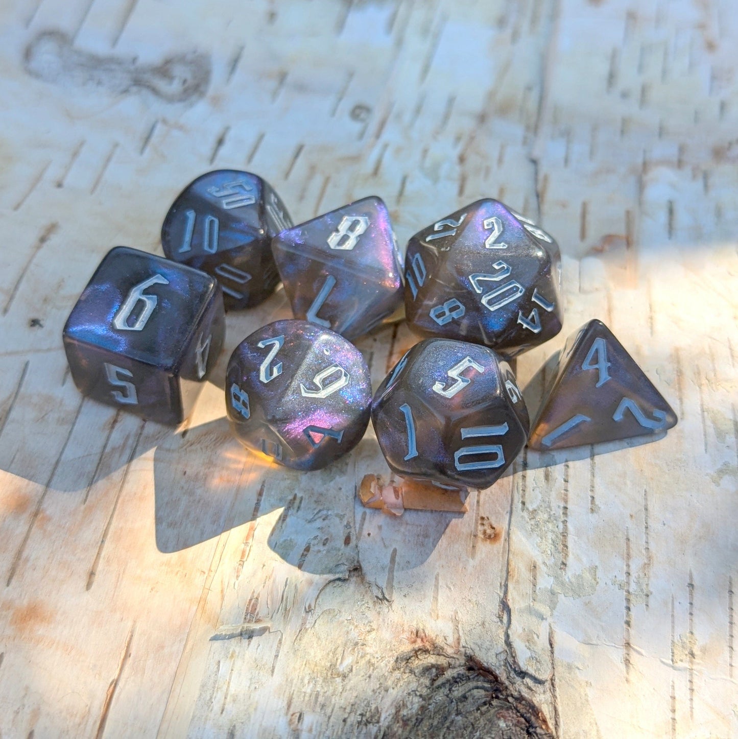 Black and Blue Glitter Acrylic Dice Set With Fantasy Font. TTRPG 7 Piece Dice Dice Sets & Games Fennek and Finch