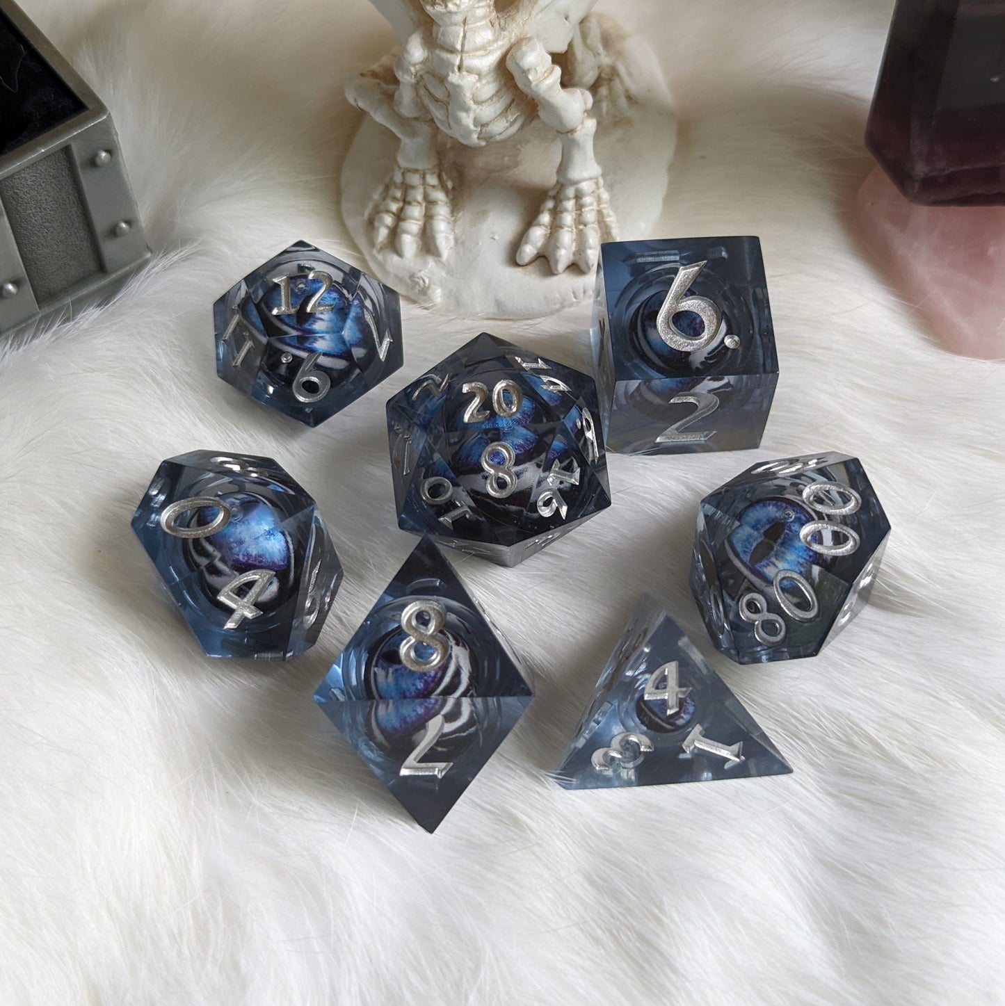 Blue and White Moving Eye Liquid Core Sharp Edge Resin DnD Dice Set Dice Sets & Games Fennek and Finch