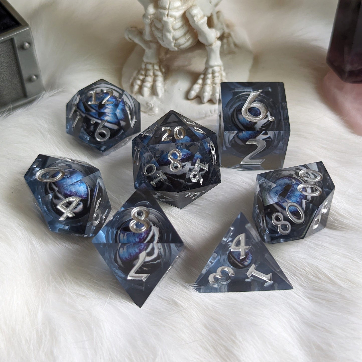 Blue and White Moving Eye Liquid Core Sharp Edge Resin DnD Dice Set Dice Sets & Games Fennek and Finch