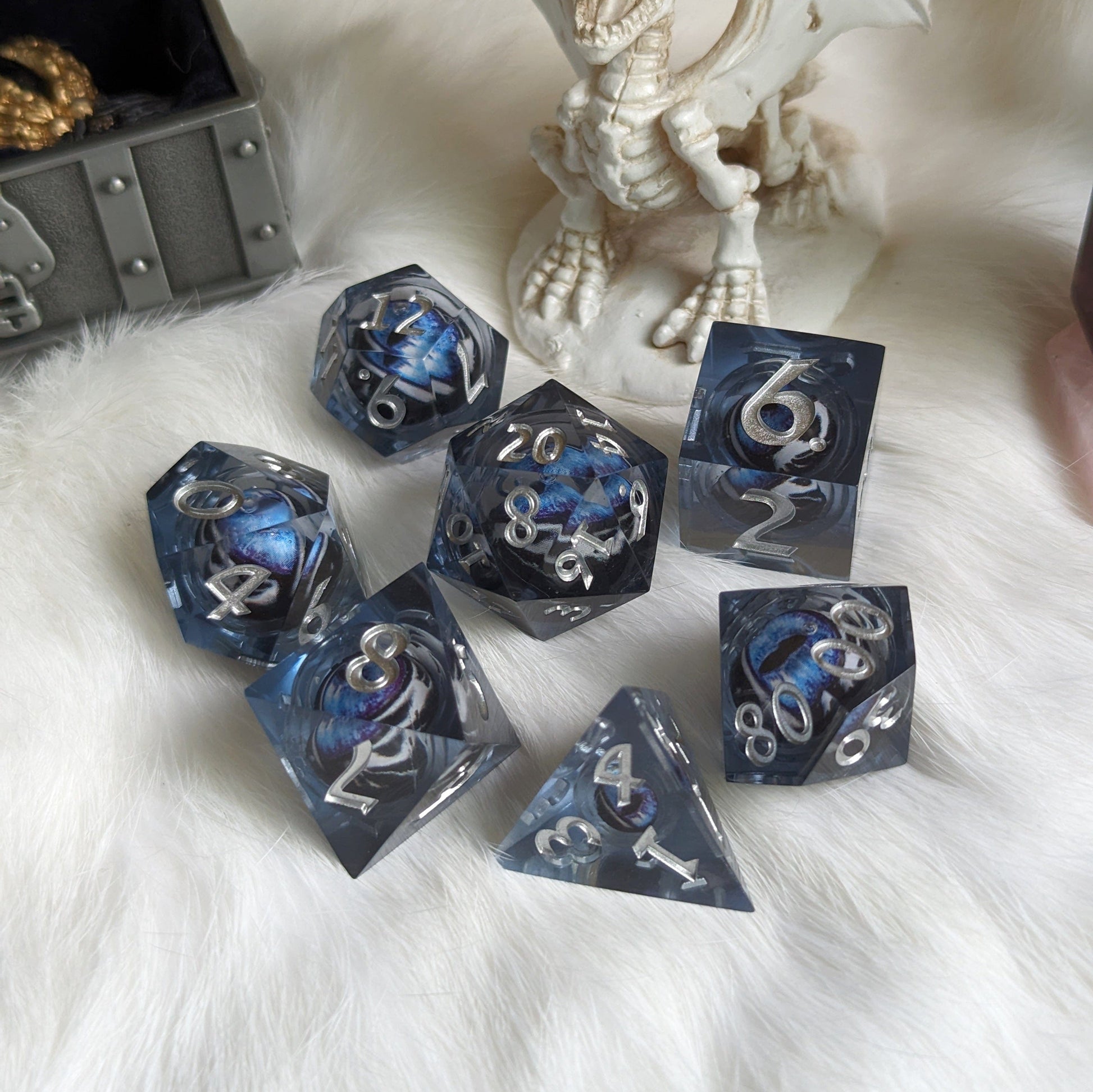 Blue and White Moving Eye Liquid Core Sharp Edge Resin DnD Dice Set Dice Sets & Games Fennek and Finch