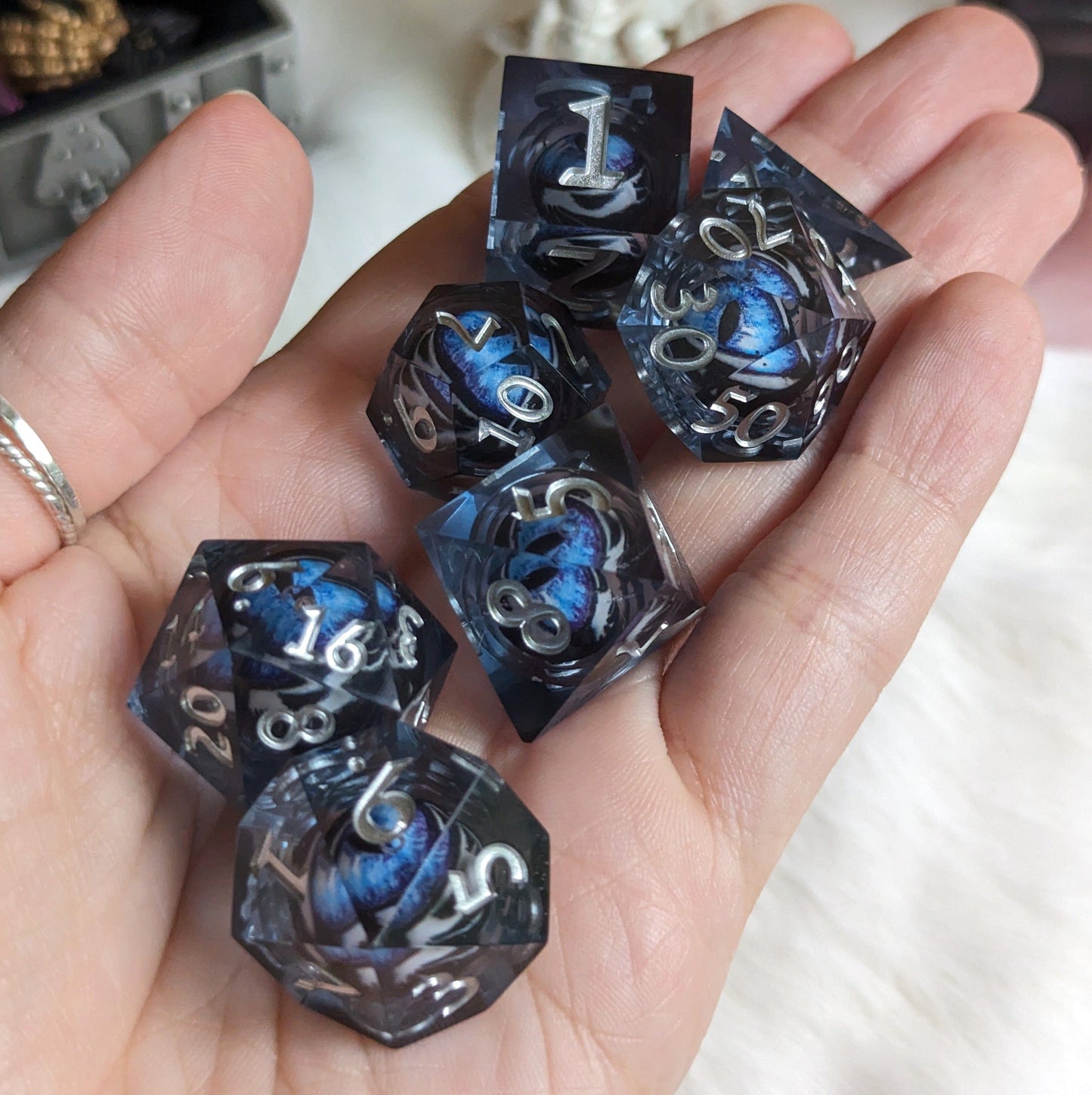 Blue and White Moving Eye Liquid Core Sharp Edge Resin DnD Dice Set Dice Sets & Games Fennek and Finch