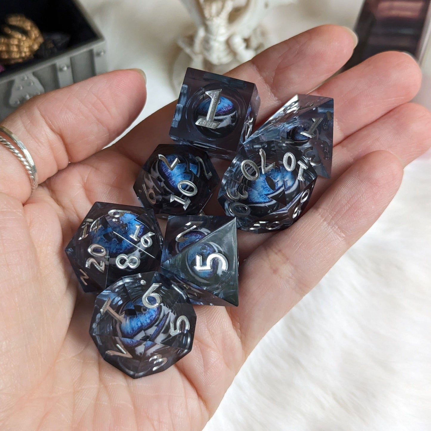 Blue and White Moving Eye Liquid Core Sharp Edge Resin DnD Dice Set Dice Sets & Games Fennek and Finch