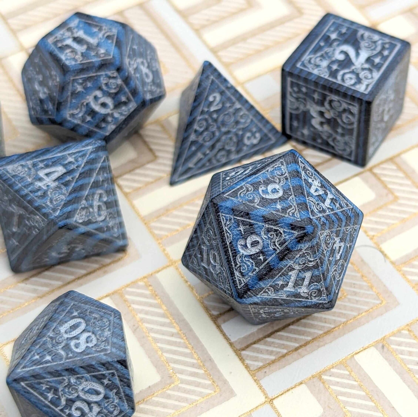 Blue Dreamy Star and Moon Wood Dice Set for Dungeons & Dragons, featuring a mystical design of clouds, stars, and moons.
