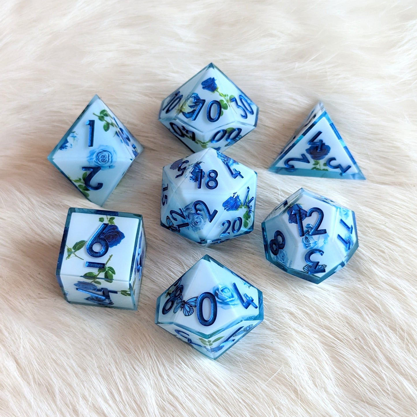 Blue Rose and Butterfly DnD Dice Set