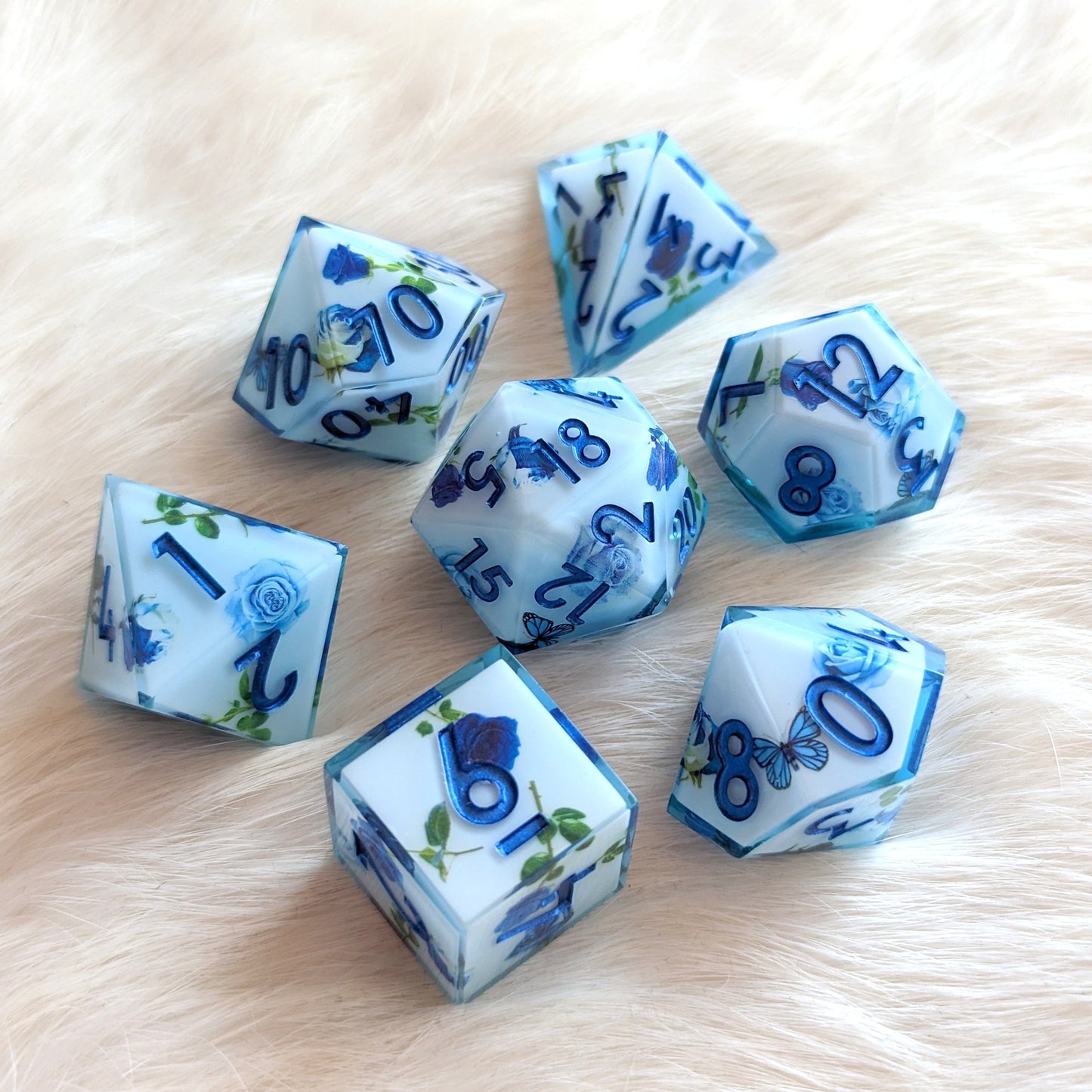 Blue Rose and Butterfly DnD Dice Set