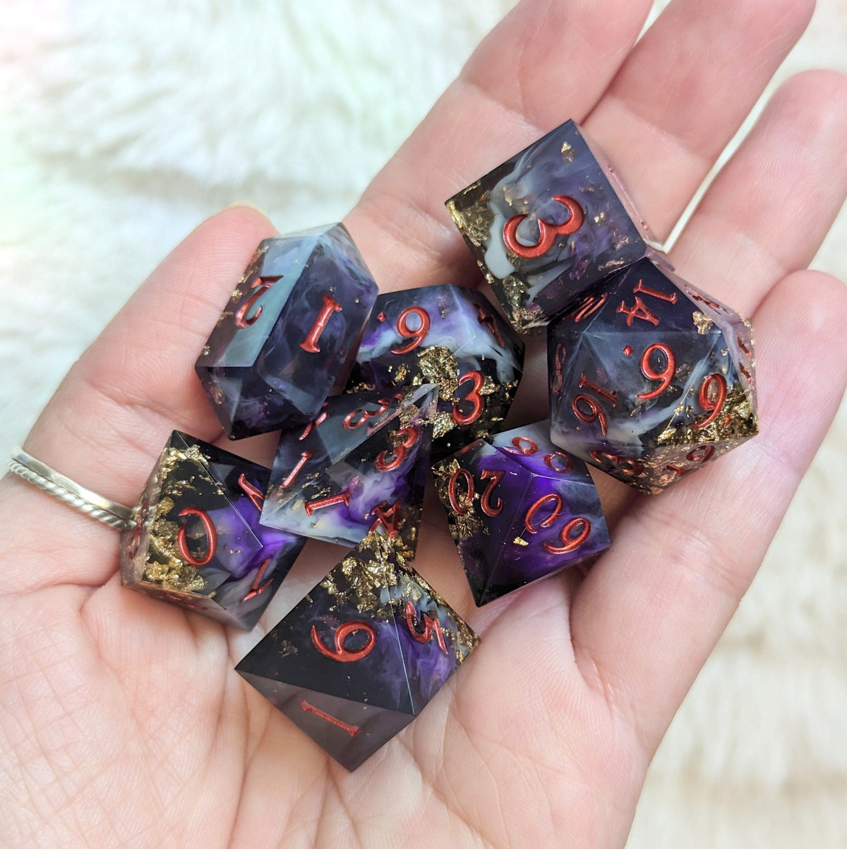 Bone Empress Dice Set ā 7-Piece Purple White Swirled DnD Dice | Fennek & Finch Dice Sets & Games Fennek and Finch