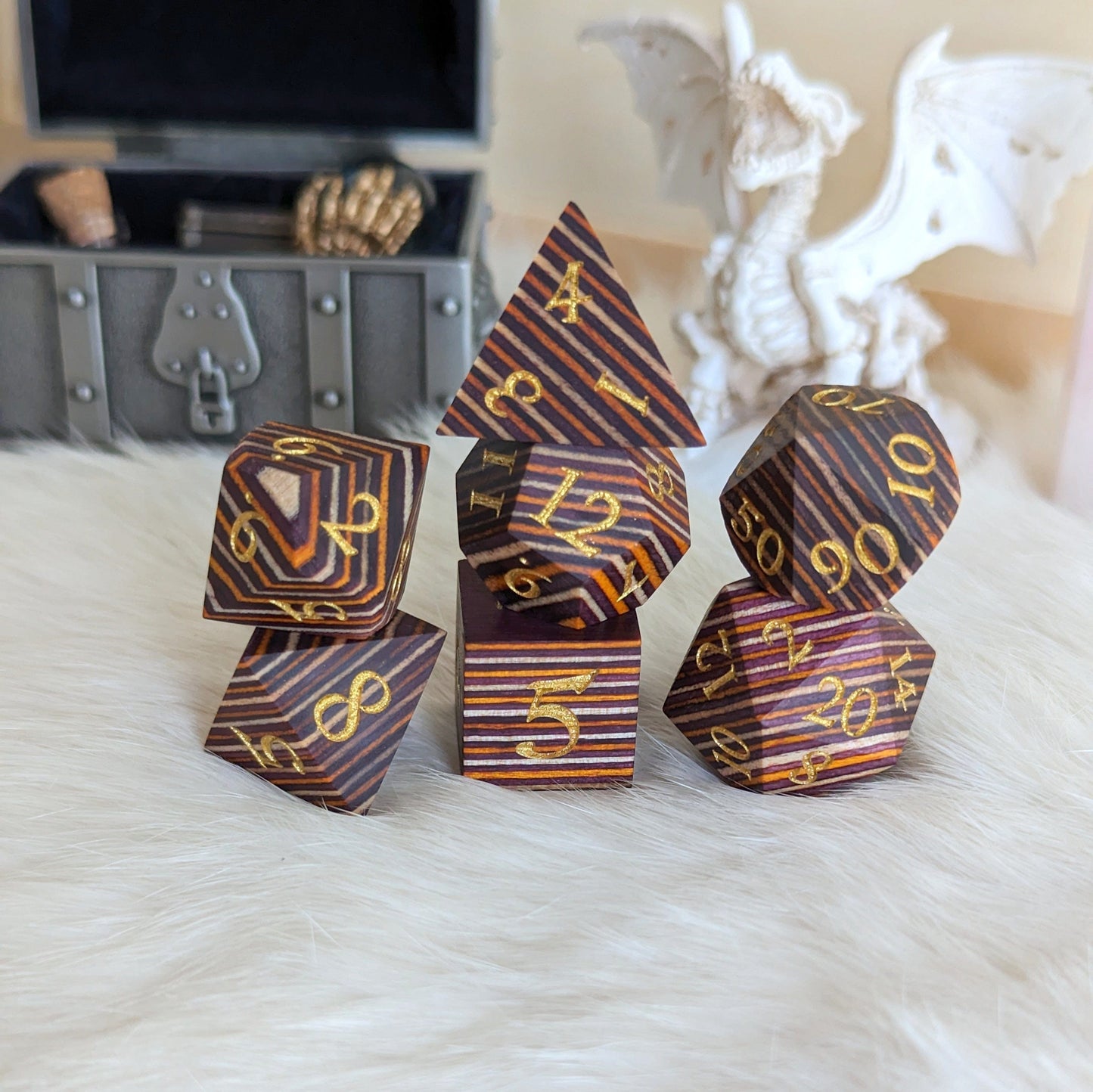 Brown and Orange Stripe Wood Dice Set Dice sets Fennek and Finch