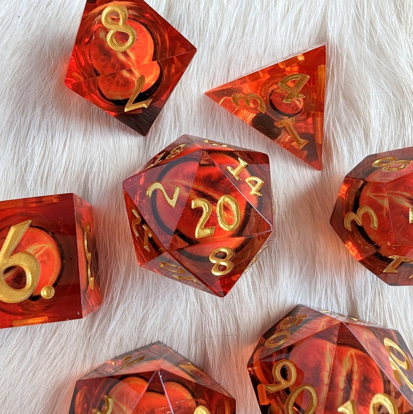 Burning Moving Eye Liquid Core Sharp Edge Resin DnD Dice Set