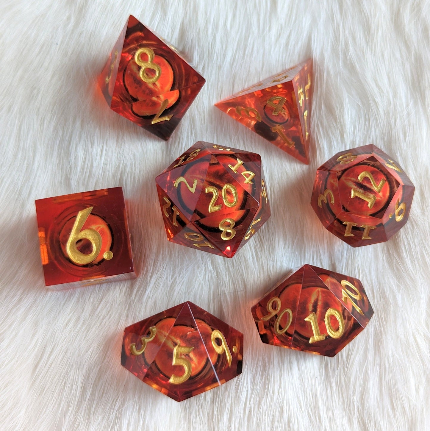Burning Moving Eye Liquid Core Sharp Edge Resin DnD Dice Set