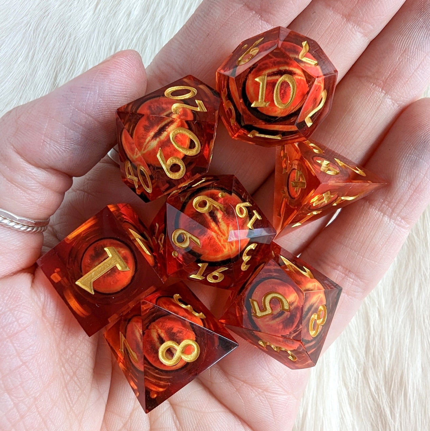 Burning Moving Eye Liquid Core Sharp Edge Resin DnD Dice Set