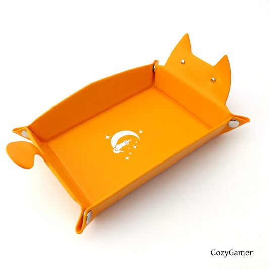 Cat Dice Tray in Orange | Foldable PU Leather Rolling Tray for DnD - Fennek and Finch