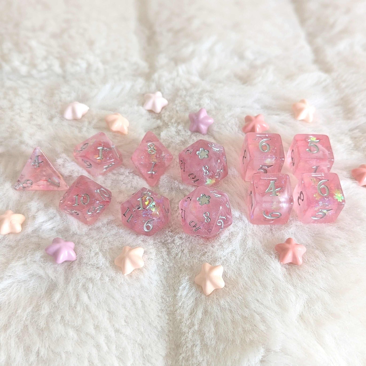 Cherry Blossom Dice Set with pink and silver foil, featuring cherry blossom glitter and 5-petal flower design on the D20.
