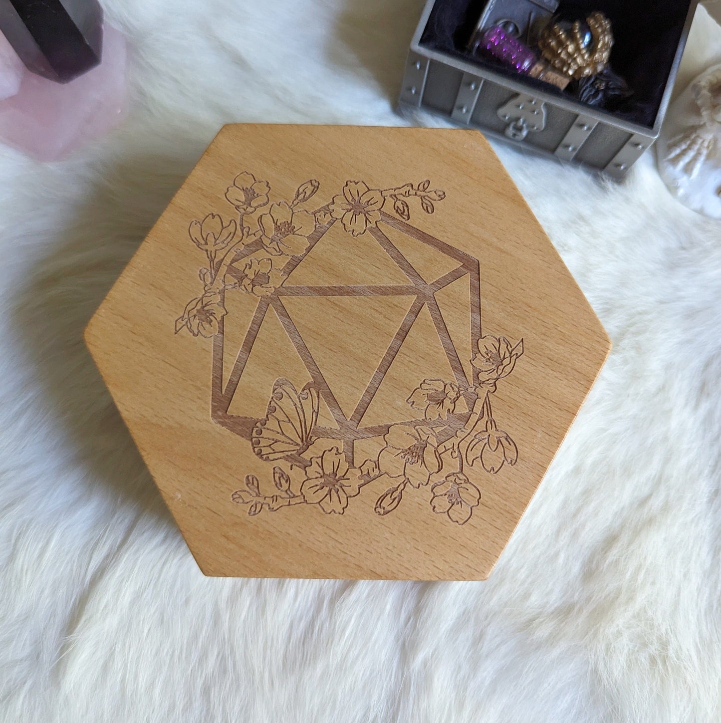 Cherry Blossom Hexagonal Wood Dice Box - Beech Wood Toy Chests Fennek and Finch