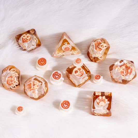 Coffee Cup Dice Set – 8pc Resin Dice with Tiny Cup & Saucer Latte Art - Fennek and Finch