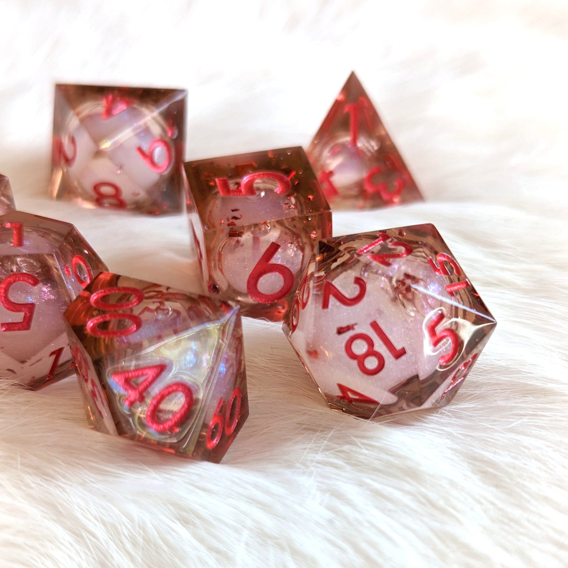 Crimson Liquid Core Sharp Edge Resin DnD Dice Set Dice Sets & Games Fennek and Finch