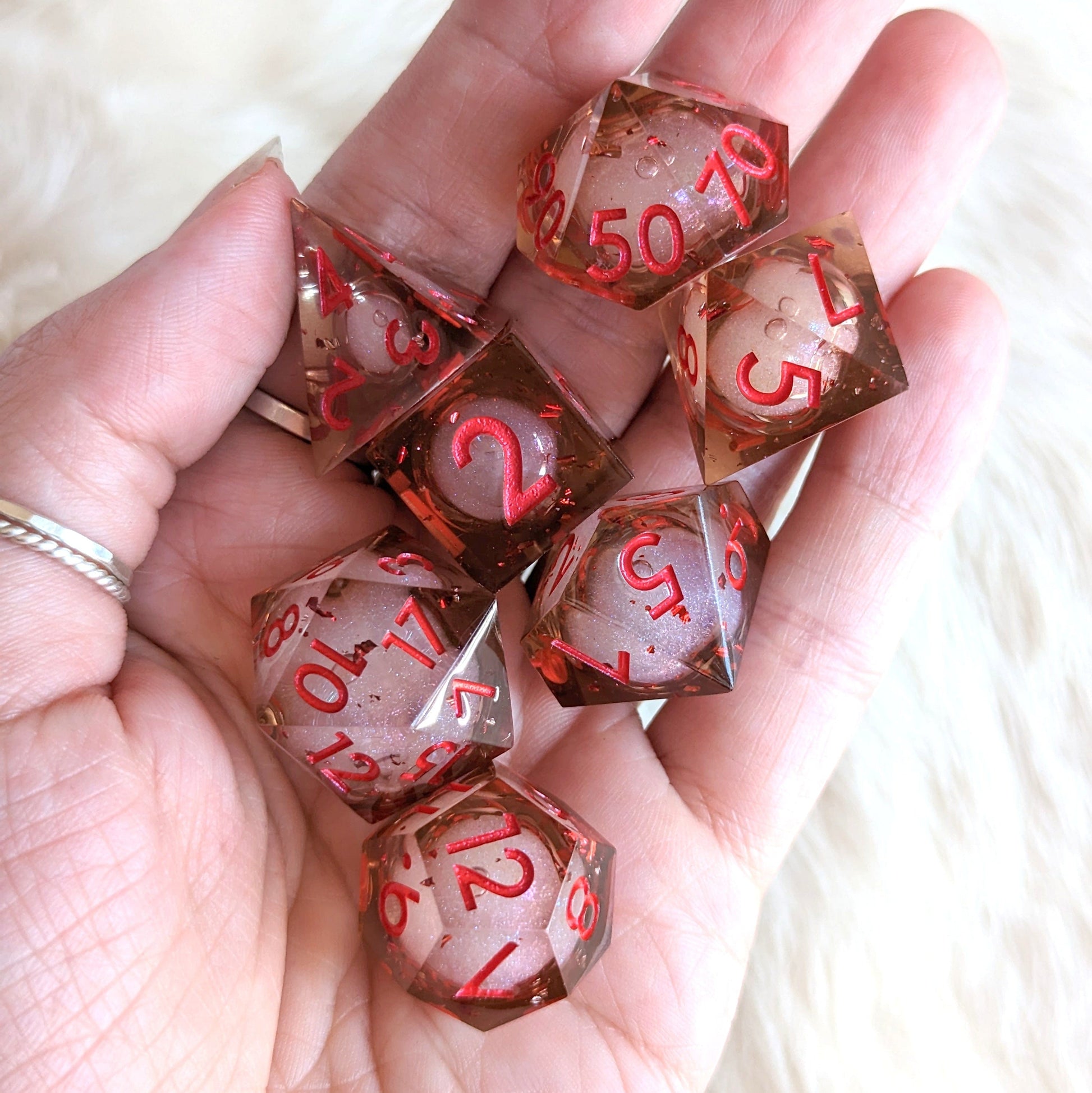 Crimson Liquid Core Sharp Edge Resin DnD Dice Set Dice Sets & Games Fennek and Finch