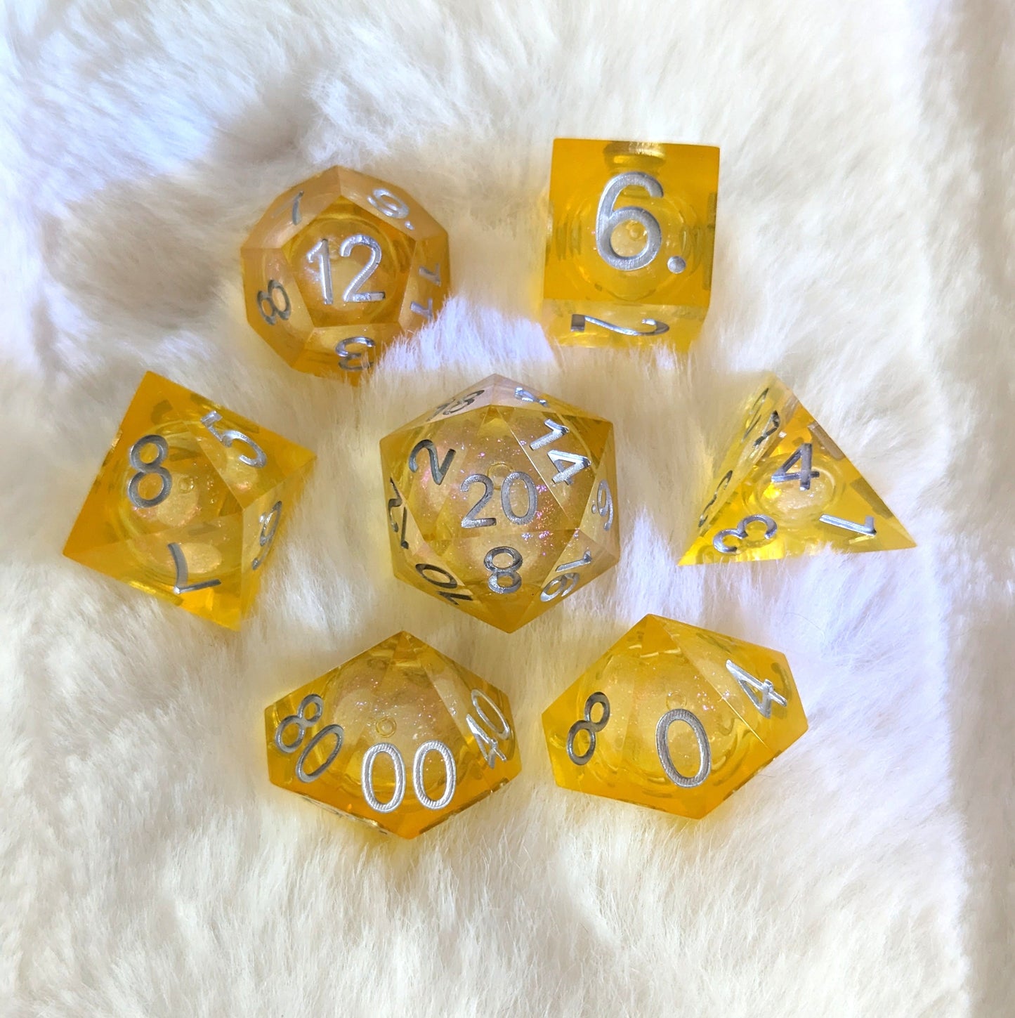 Cutie Lemon Squeezy Liquid Core Sharp Edge Resin DnD Dice Set Dice Sets & Games Fennek and Finch