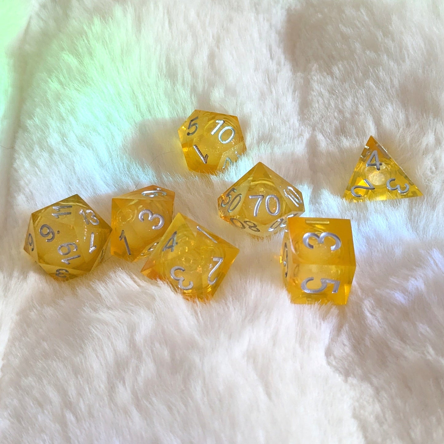Cutie Lemon Squeezy Liquid Core Sharp Edge Resin DnD Dice Set Dice Sets & Games Fennek and Finch