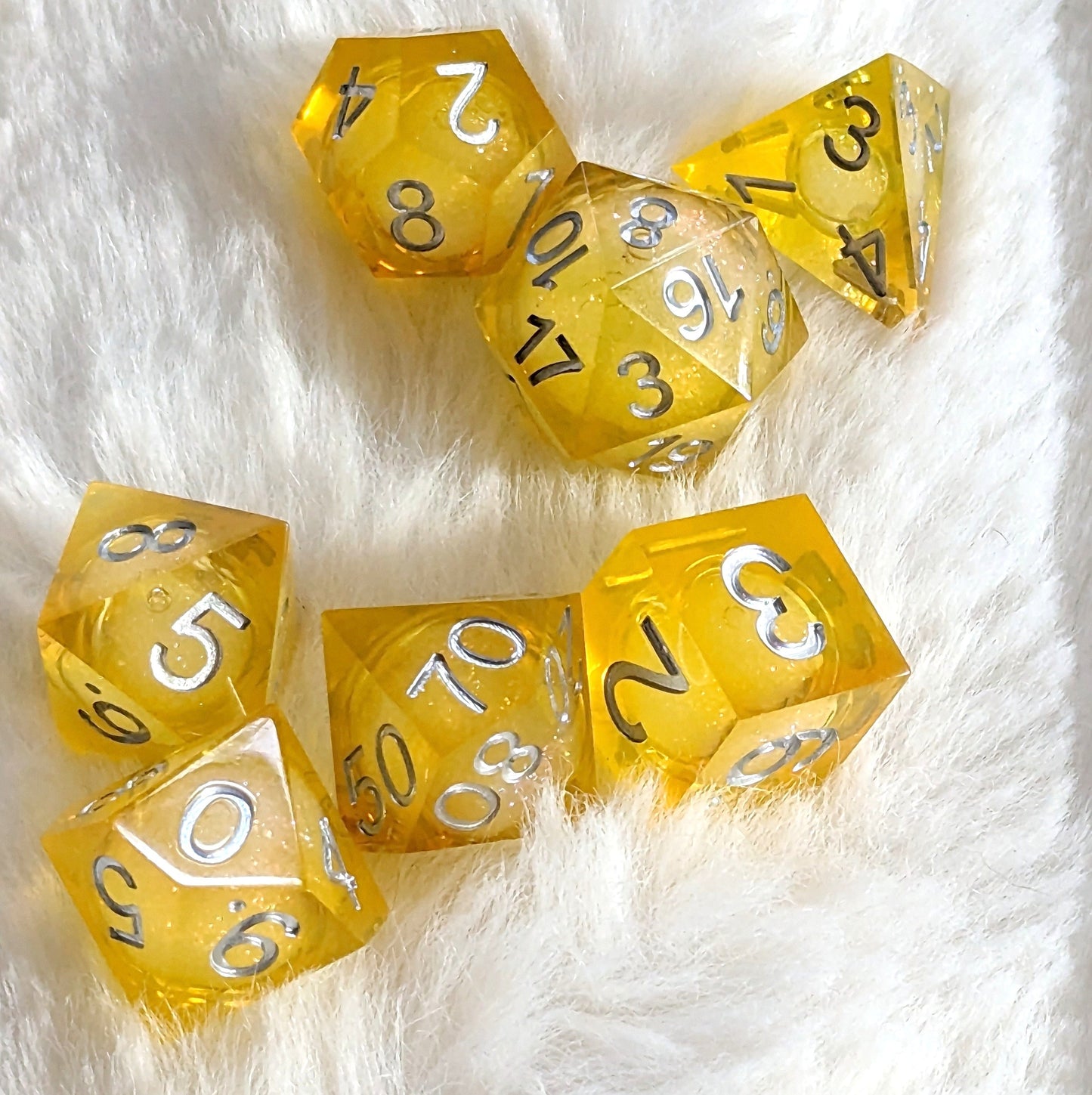 Cutie Lemon Squeezy Liquid Core Sharp Edge Resin DnD Dice Set Dice Sets & Games Fennek and Finch