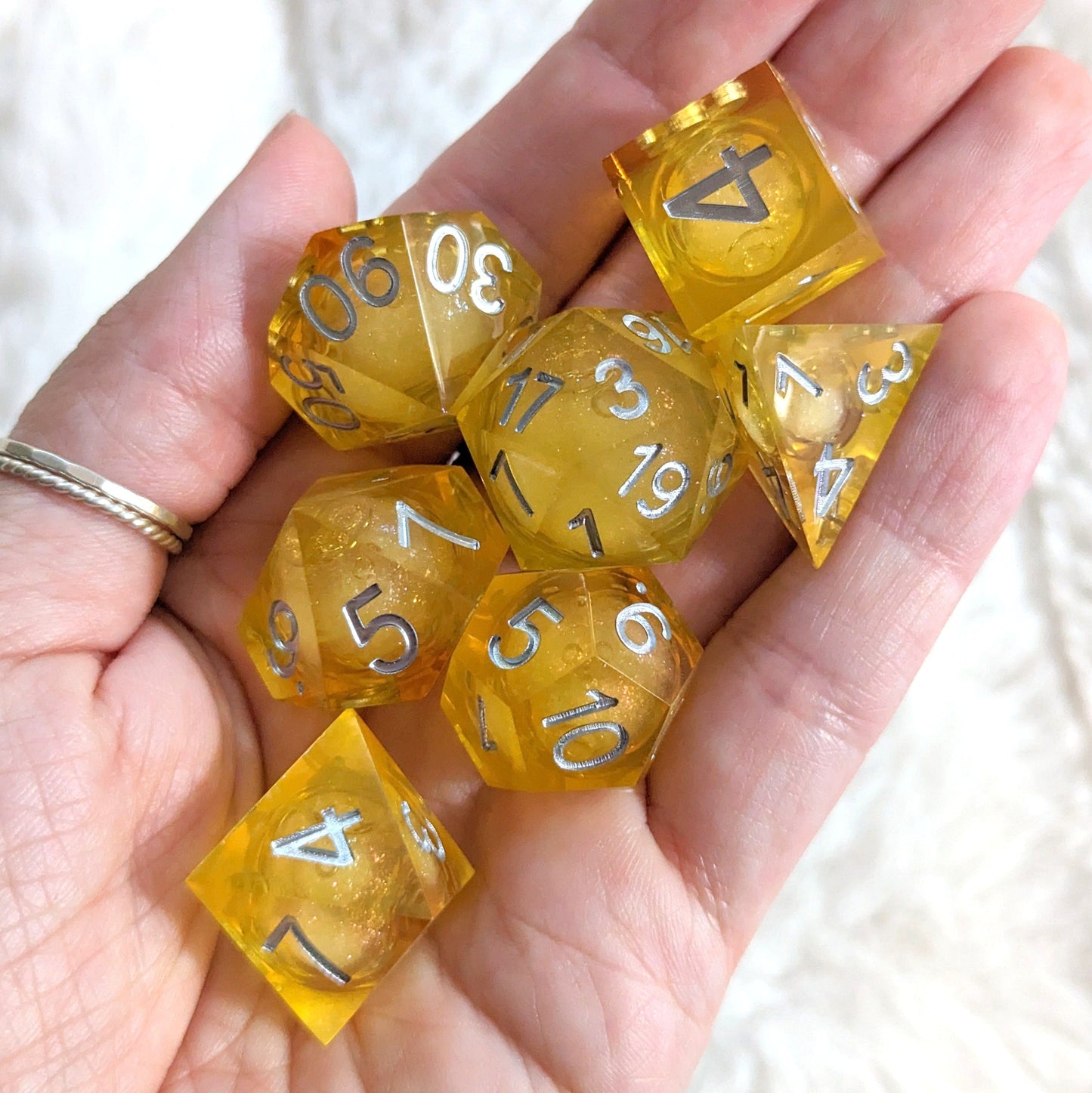 Cutie Lemon Squeezy Liquid Core Sharp Edge Resin DnD Dice Set Dice Sets & Games Fennek and Finch