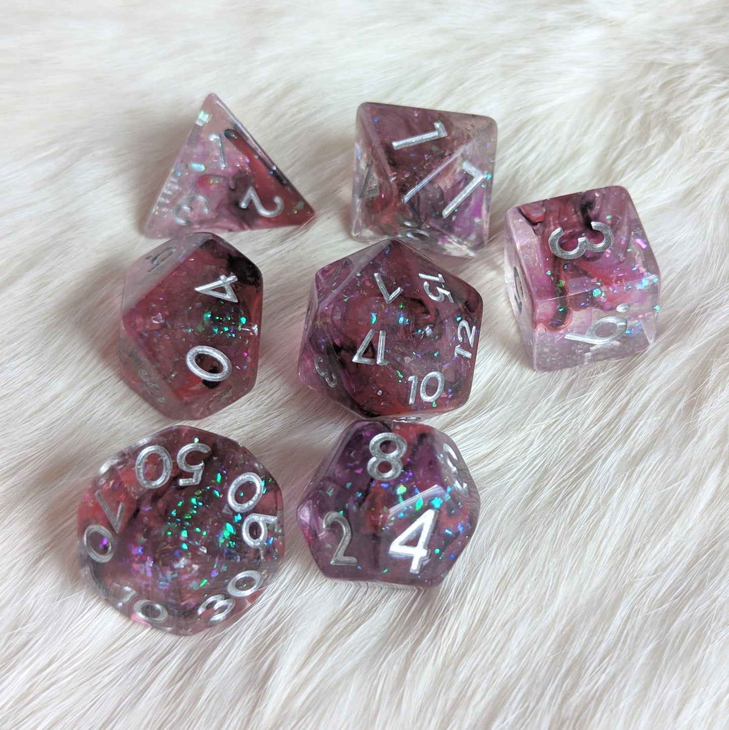 Dark Boon Dice Set. Purple, Red, and Black Glittering Dice