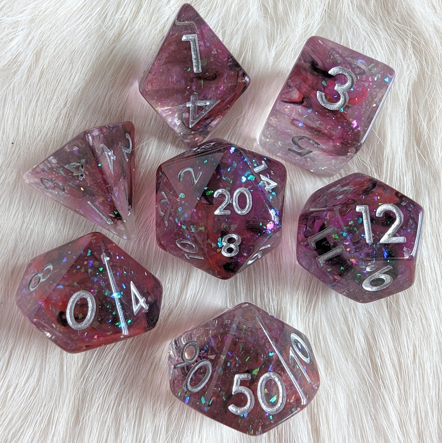 Dark Boon Dice Set. Purple, Red, and Black Glittering Dice