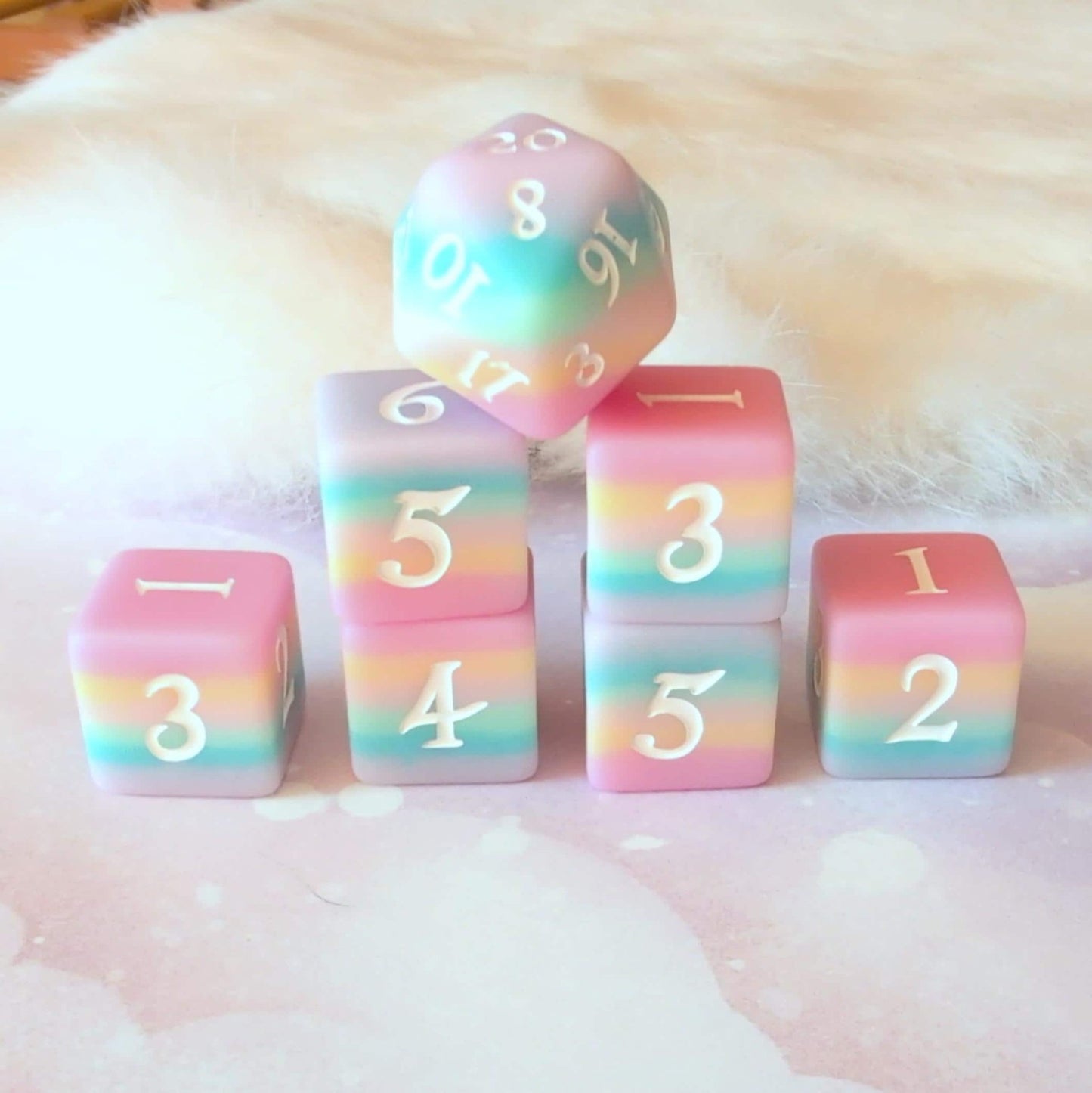 Dazed and Dreamy D6 Dice Set – 6 D6 + 1 D20 Matte Pastel Rainbow | Fennek & Finch - Fennek and Finch