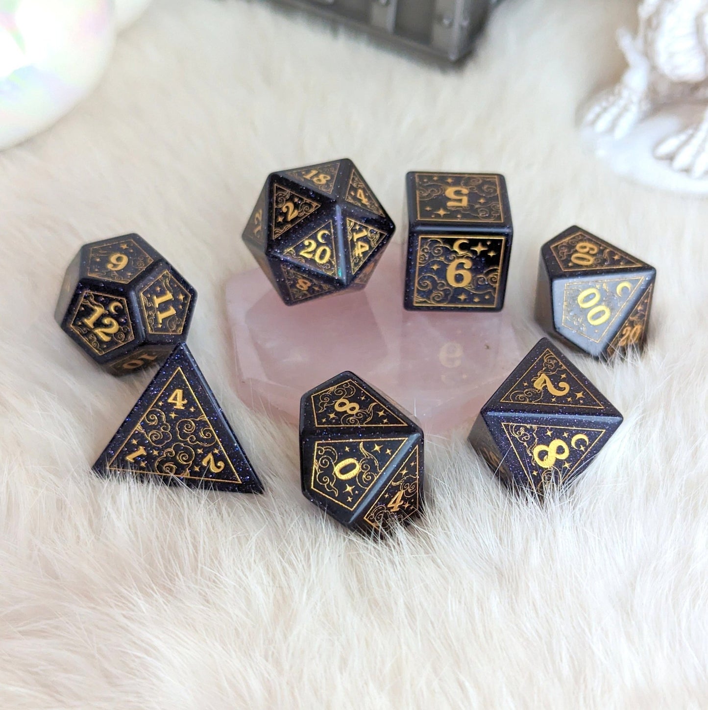 Dreamy Blue Sandstone Dice Set – 7 - Piece Gemstone DnD Dice with Gold Celestial Symbols | Fennek & Finch - Fennek and Finch