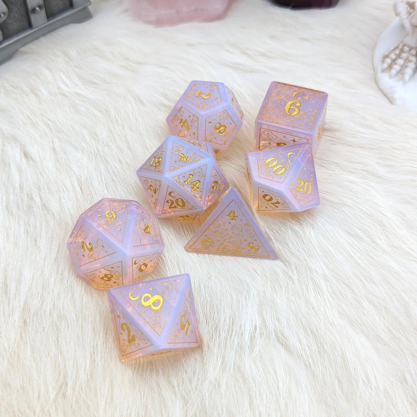 Dreamy Glowing Pink Opalite Dice Set. Cloud and Moon Engraved Glass Dice Dice Sets & Games Fennek and Finch
