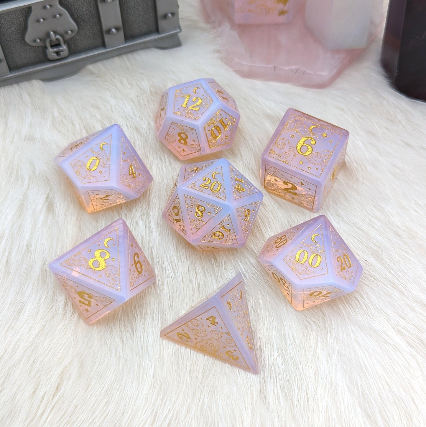 Dreamy Glowing Pink Opalite Dice Set. Cloud and Moon Engraved Glass Dice Dice Sets & Games Fennek and Finch