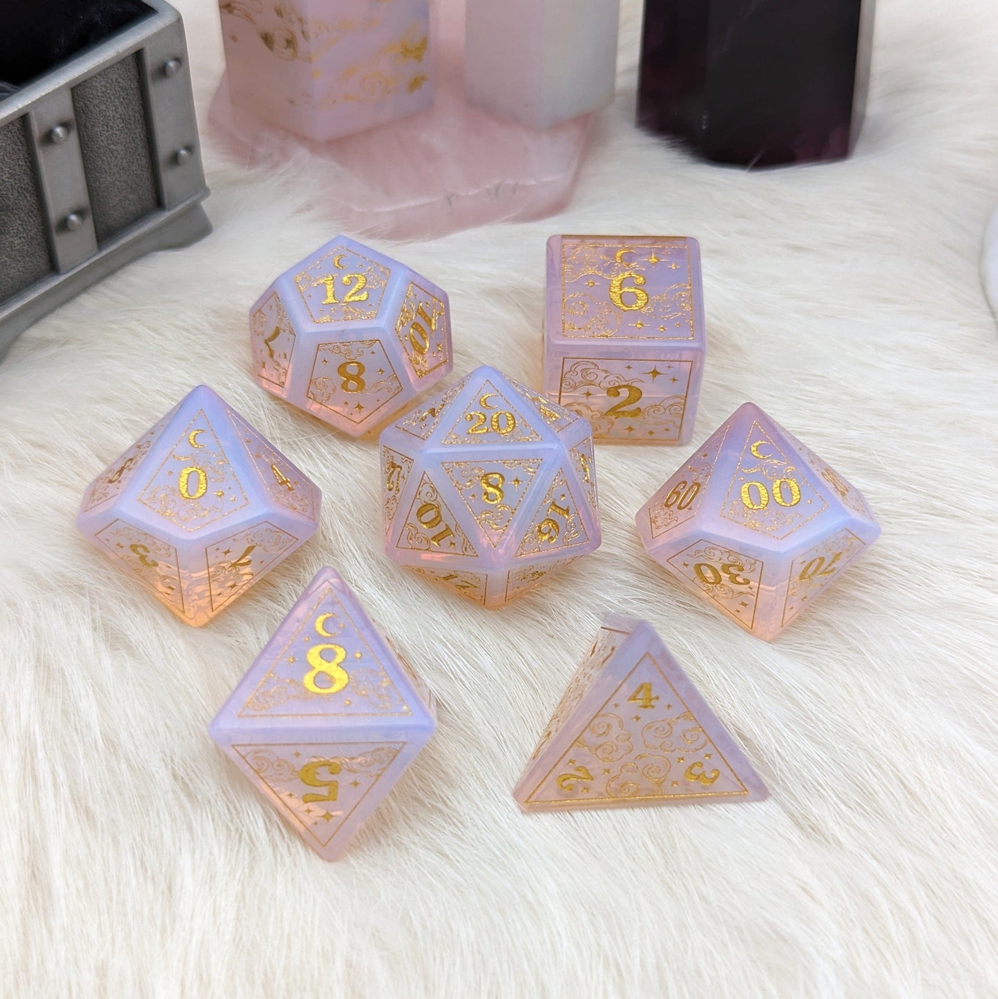 Dreamy Glowing Pink Opalite Dice Set. Cloud and Moon Engraved Glass Dice Dice Sets & Games Fennek and Finch