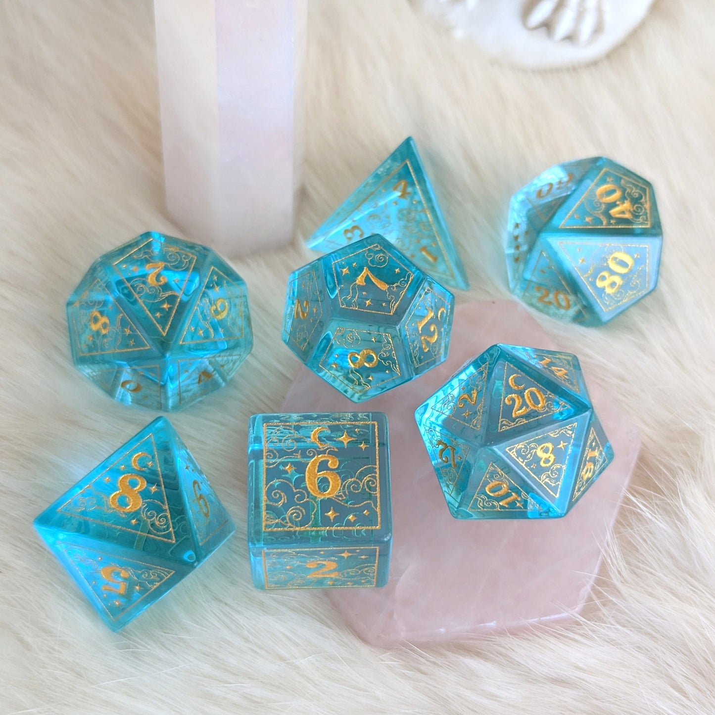 Dreamy Blue Glass Dice Set | Celestial DnD Dice with Gold Clouds, Moons, and Stars Dice Sets & Games Fennek and Finch