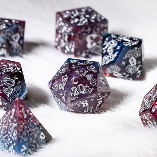 Dreamy Night Sky Dice Set – Sharp Edge Blue Burgundy Resin with Cloud and Moon Etching - Fennek and Finch
