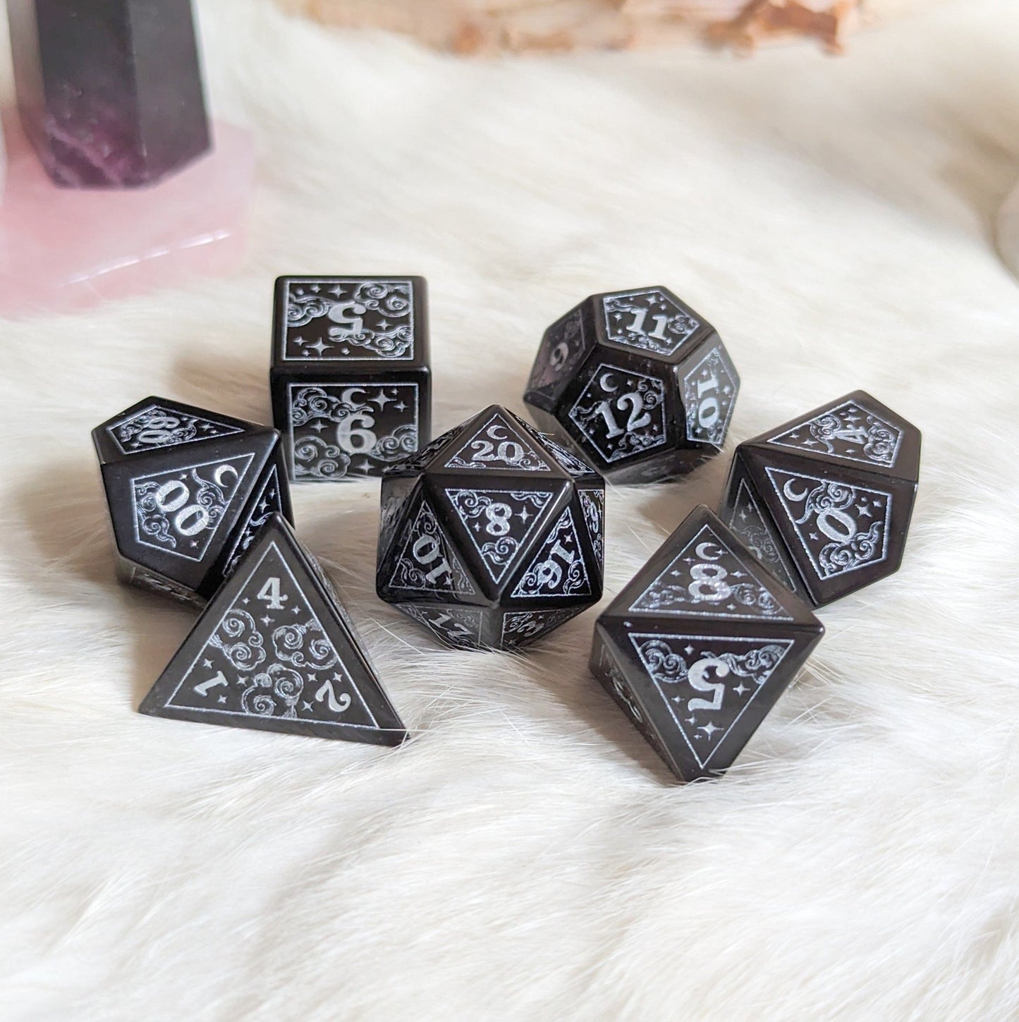 Dreamy Obsidian Dice Set – Black Glass Gemstone DnD Dice | Fennek & Finch - Fennek and Finch