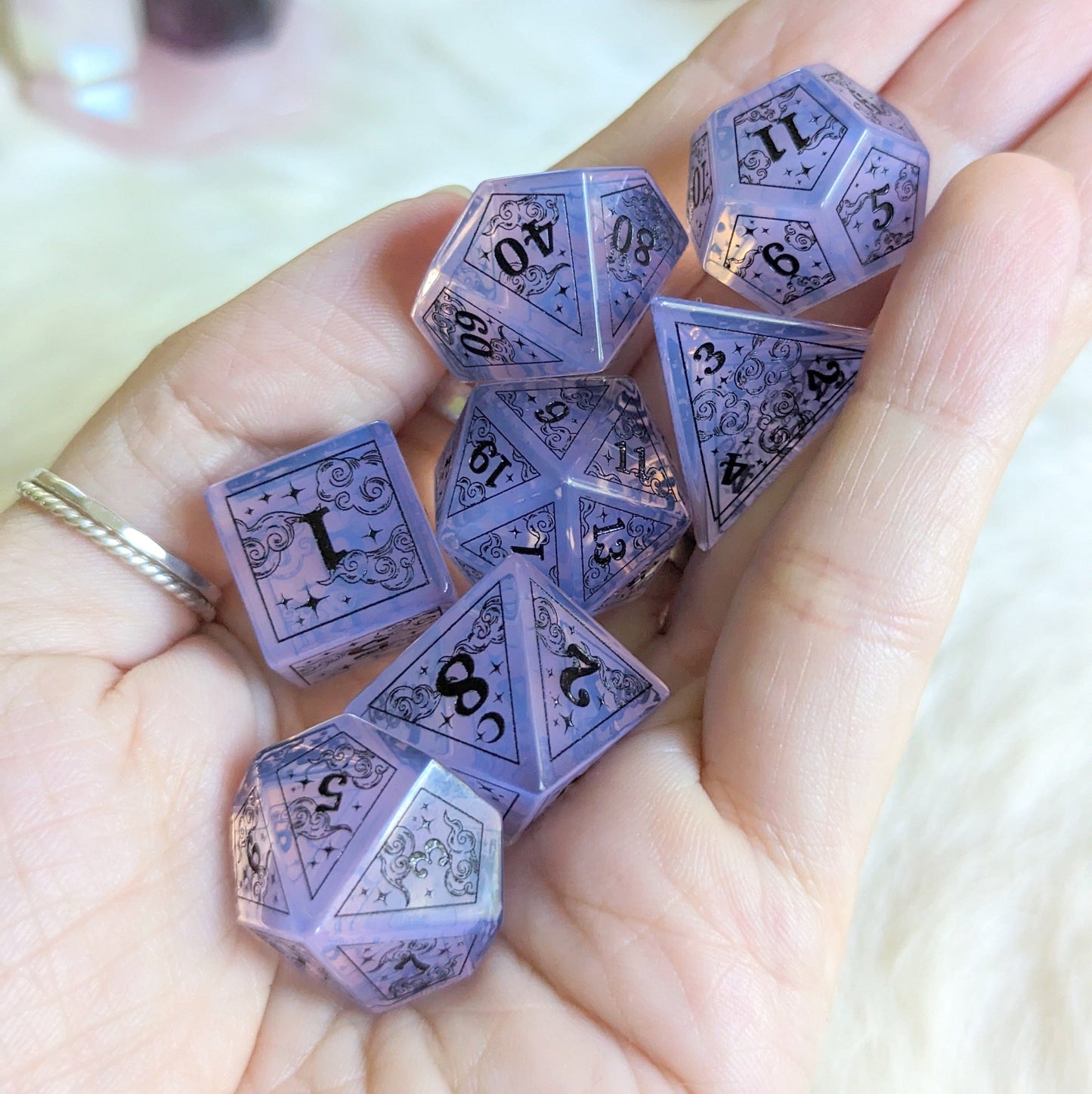 Dreamy Purple Opalite Dice Set with Black Font Dice Sets & Games Fennek and Finch
