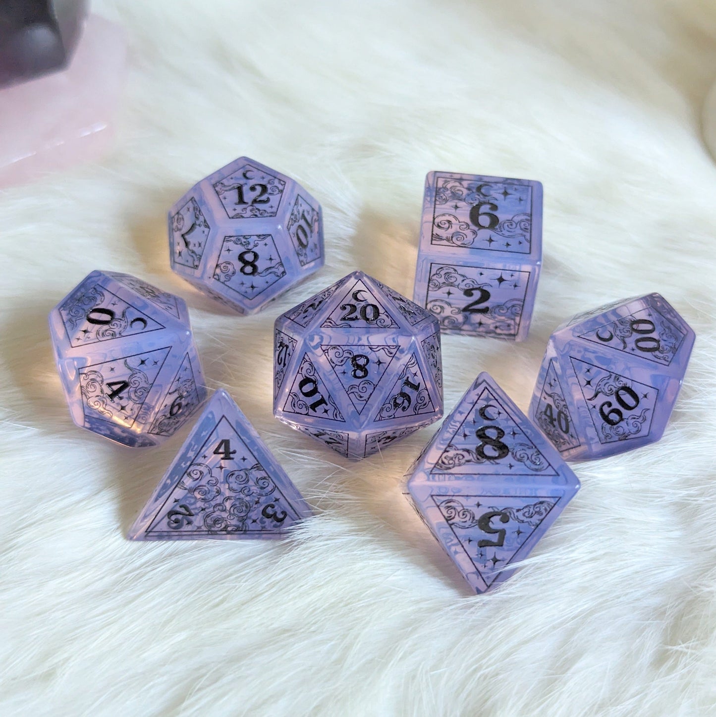 Dreamy Purple Opalite Dice Set with Black Font Dice Sets & Games Fennek and Finch