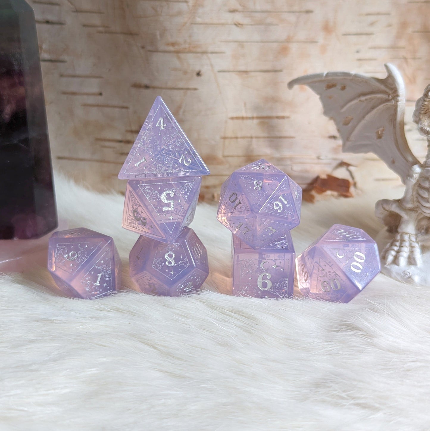 Dreamy Purple Opalite Dice Set with Silver Font