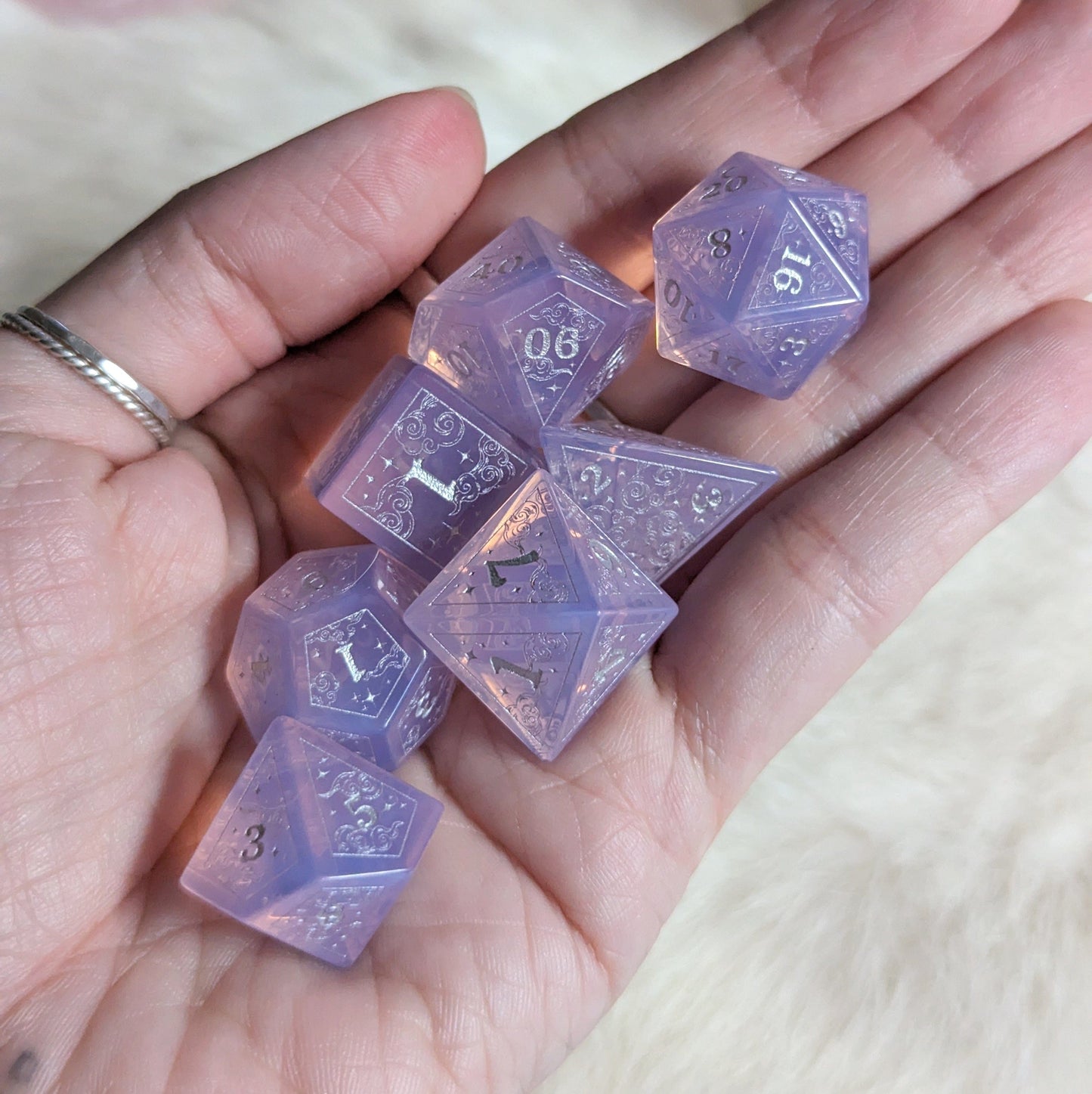 Dreamy Purple Opalite Dice Set with Silver Font