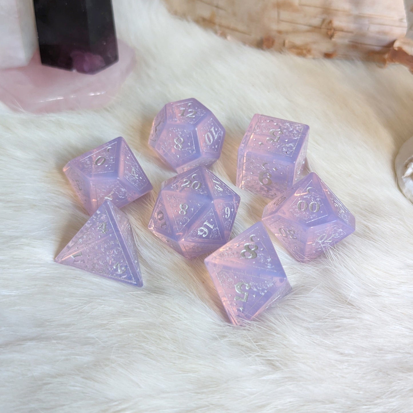 Dreamy Purple Opalite Dice Set with Silver Font