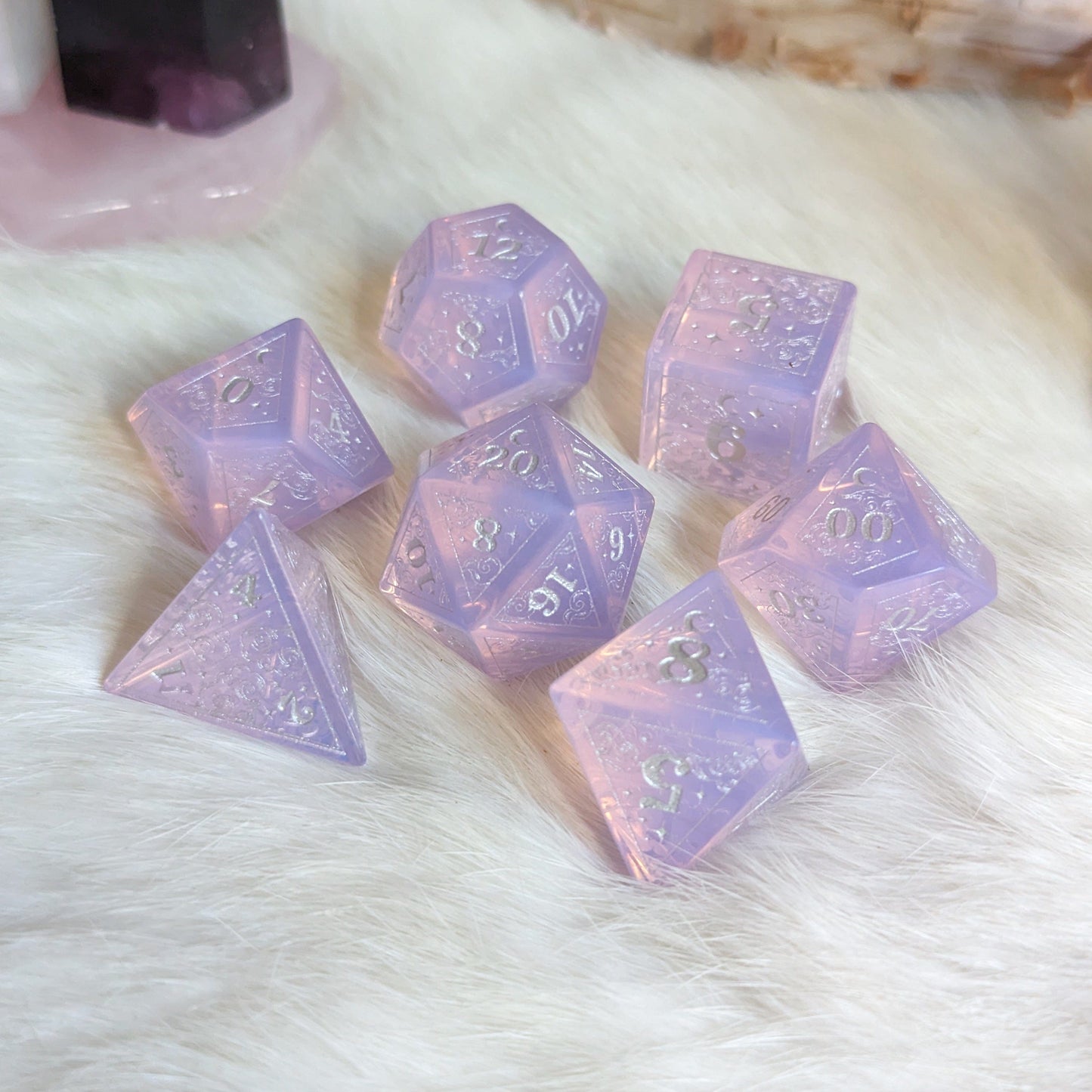 Dreamy Purple Opalite Dice Set with Silver Font
