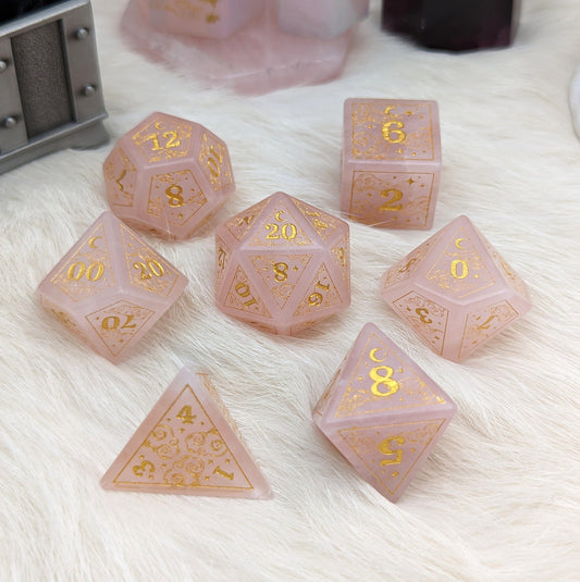 Dreamy Rose Quartz Dice Set. Cloud and Moon Engraved Gemstone Dice