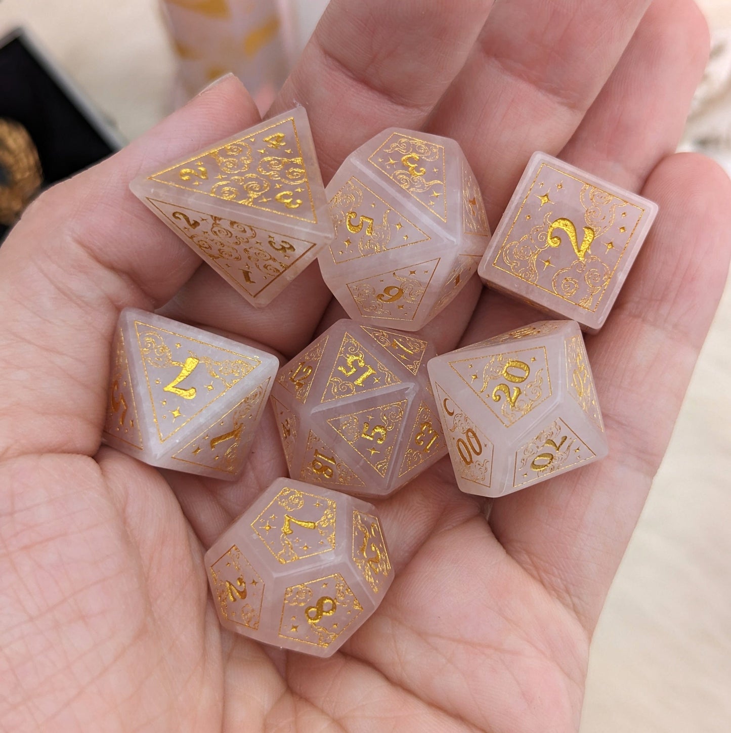 Dreamy Rose Quartz Dice Set. Cloud and Moon Engraved Gemstone Dice Dice Sets & Games Fennek and Finch
