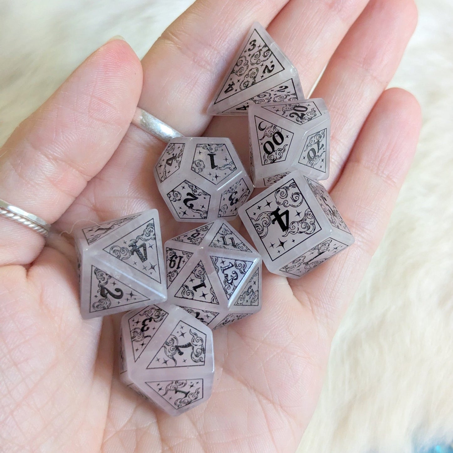 Dreamy Rose Quartz Gemstone Dice Set – Pink Stone DnD Dice | Fennek & Finch Dice Sets & Games Fennek and Finch