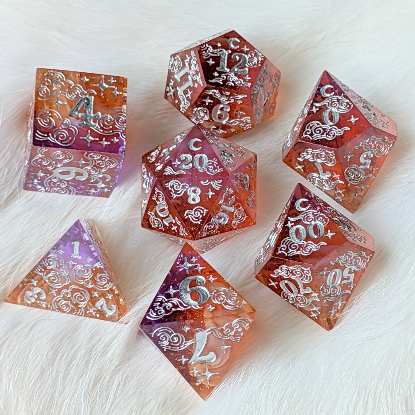Dreamy Sunset Bloom – Sharp Edge Resin Dice Set with Floral Inclusions | Fennek & Finch - Fennek and Finch