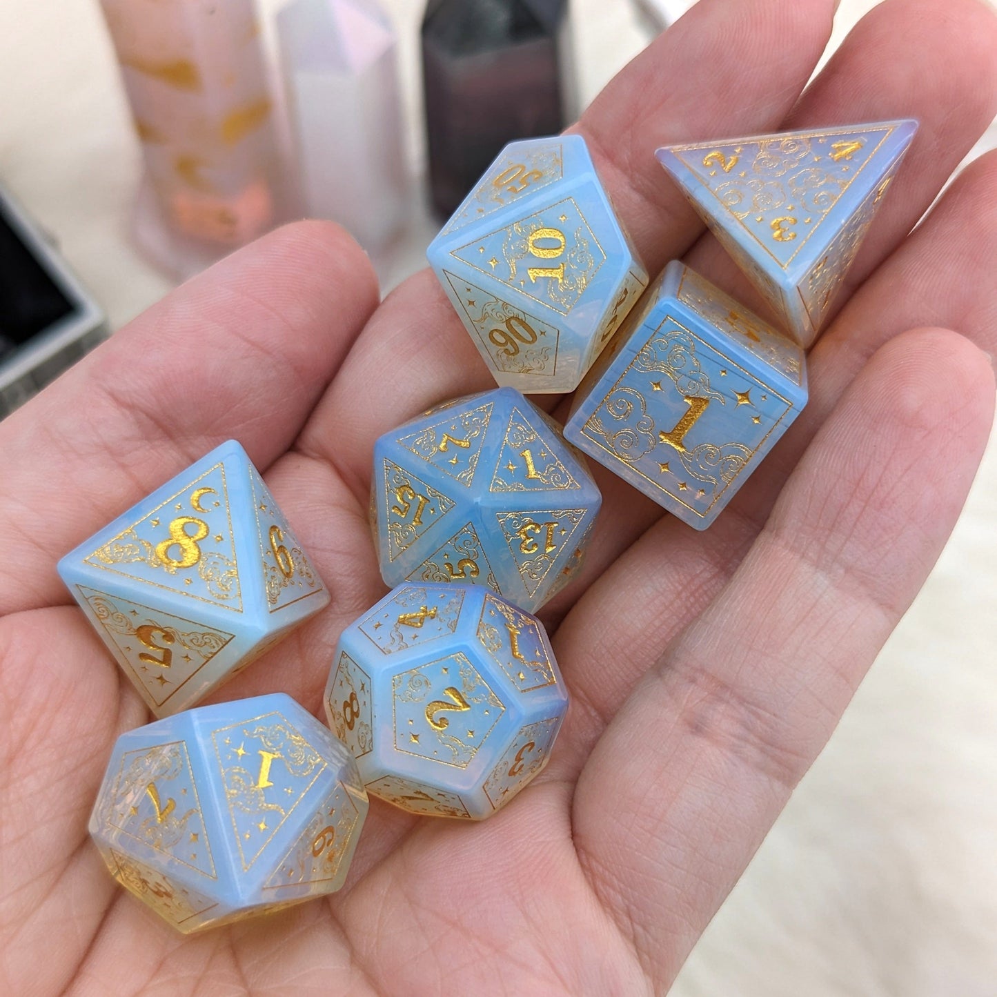 Dreamy White Opalite Dice Set. Cloud and Moon Engraved Gemstone Dice Dice Sets & Games Fennek and Finch
