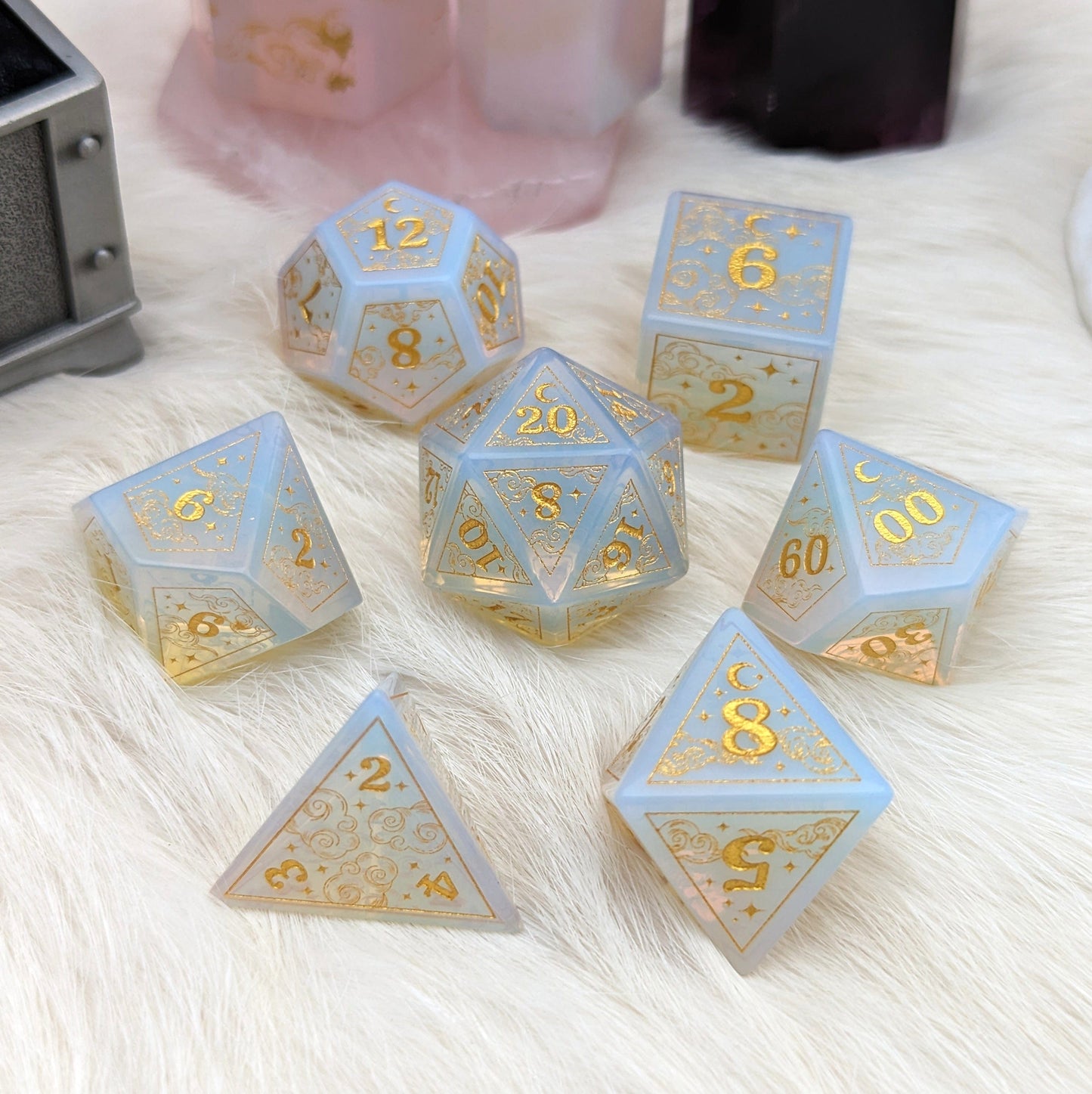 Dreamy White Opalite Dice Set. Cloud and Moon Engraved Gemstone Dice Dice Sets & Games Fennek and Finch