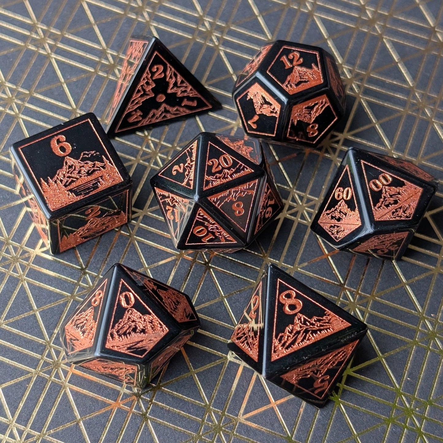 Everwild Obsidian Glass Dice – Forest & Mountain Etched 7 - Piece Set | Fennek & Finch - Fennek and Finch