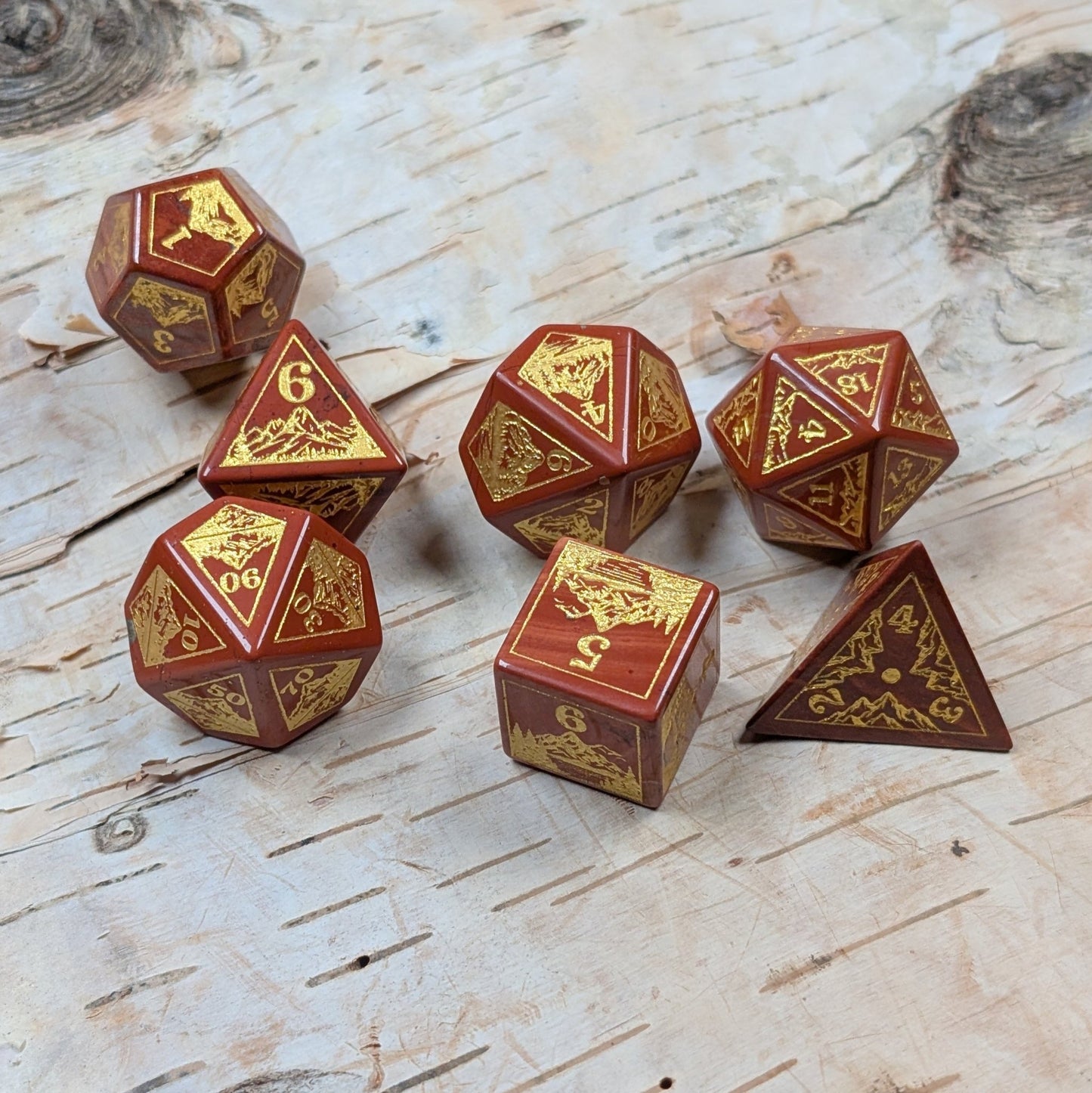 Everwild Red Jasper Gemstone Dice – Forest & Mountain Etched 7 - Piece Set | Fennek & Finch - Fennek and Finch