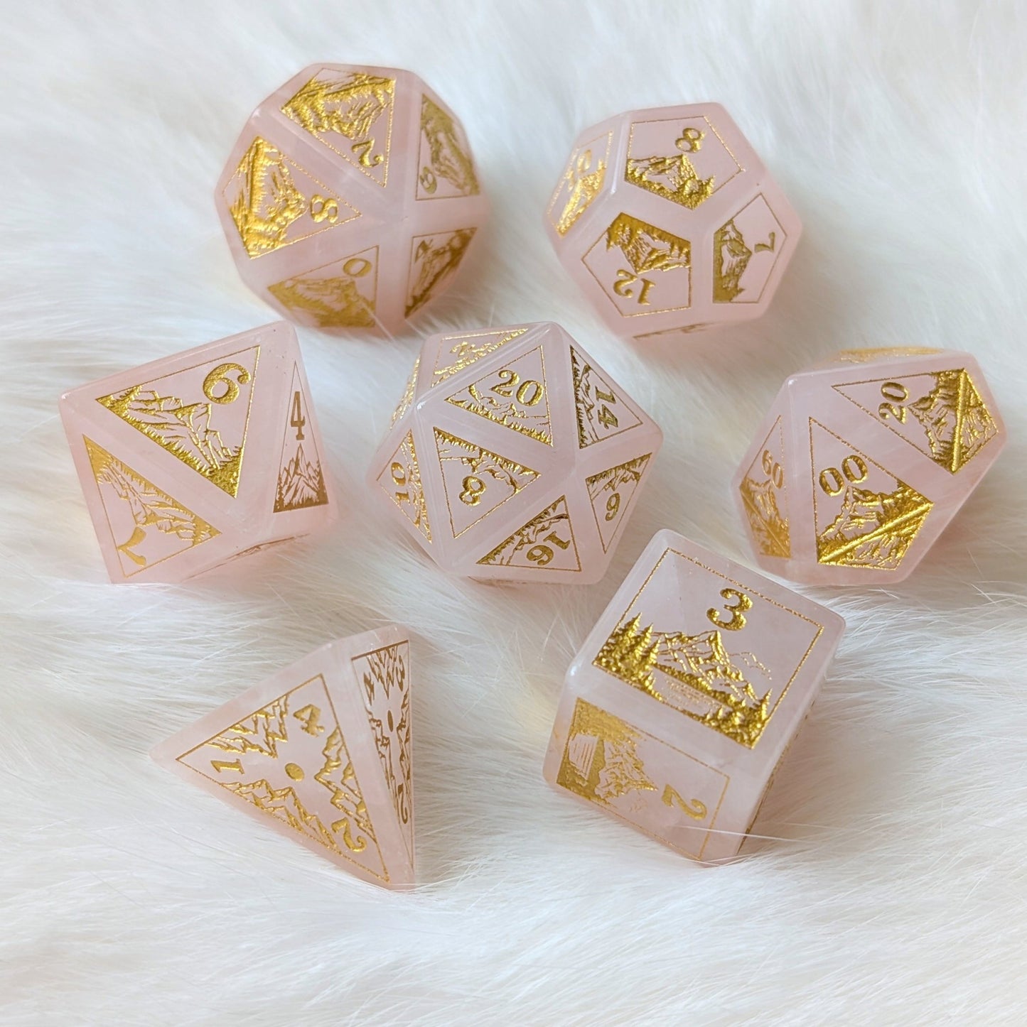 Everwild Rose Quartz Gemstone Dice – Forest & Mountain Etched 7 - Piece Set | Fennek & Finch - Fennek and Finch
