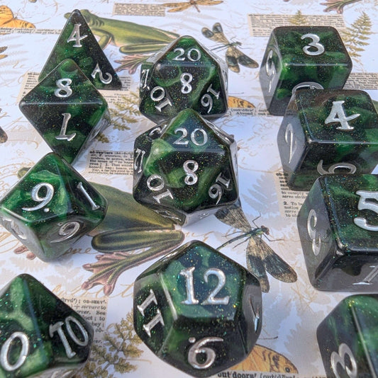Forest Swamp Dice Set. 7 and 11 pcs, Counter Dice, and Spin Down D20 Life Counter. TTRPG Dice Dice Sets & Games Fennek and Finch